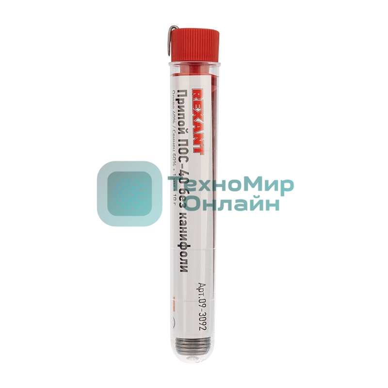 Припой без канифоли ПОС-40 Rexant, 10 г, Ø1.0 мм, (олово 40%, свинец 60%), колба