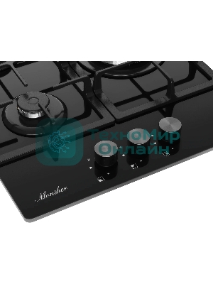 Варочная панель Monsher, газ, High-Tech, 45 см, автоматический электроподжиг, газ-контроль, форсунки под сжиженый газ, SABAF конфорки, чугунные решетки, черный