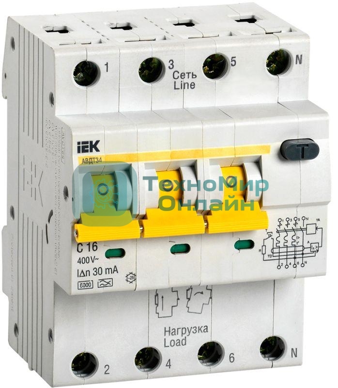 Выключатель автоматический дифференциального тока 4п (3P+N) C 16А 30мА тип A 6кА АВДТ-34 IEK MAD22-6-016-C-30