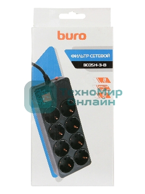 Сетевой фильтр Buro 800SH-3-B 3 м, 8 розеток, черный, коробка
