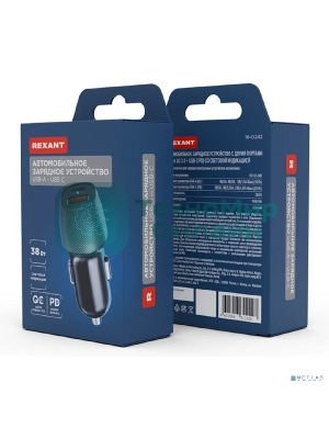 Автомобильное зарядное устройство с двумя портами Rexant (USB-A QC 3.0 + USB-C PD) со световой индикацией, 38Вт, черное