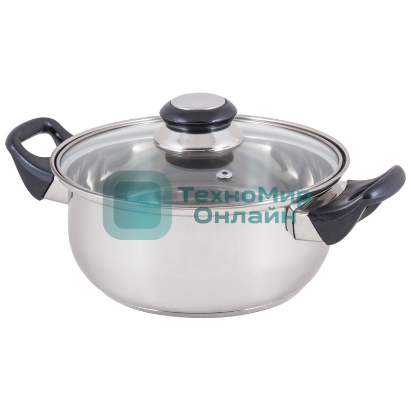 Кастрюля Mallony из нерж стали с крышкой (стекло) BAK-02, 2 л, ручки - бакелит, без ТМ