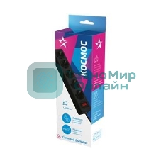 Удлинитель с сетевым фильтром Космос 5х5 м с заземл. 10А IP20 2.2 кВт 3х0.75 индикатор сети черный