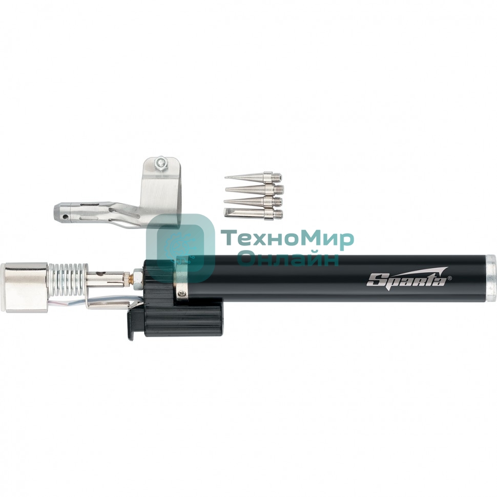 Горелка газовая Sparta тип ''карандаш'' c пьезоподжигом + 4 насадки для пайки 200мм