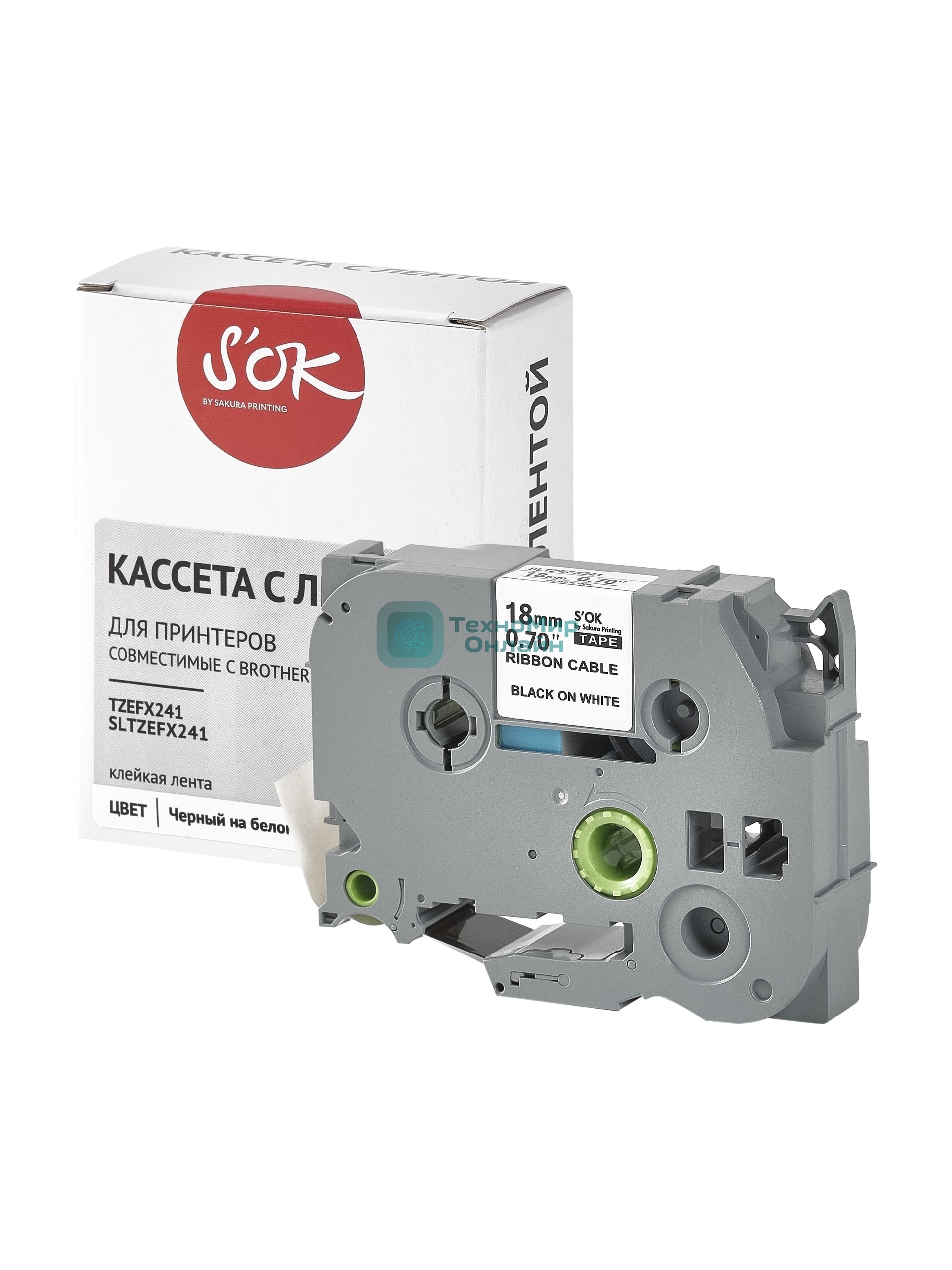 Кассета с лентой S'OK by Sakura Printing TZEFX241 для Brother, черный на белом, 18мм/8м, наклейка
