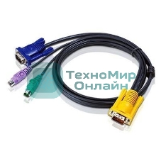 Шнур, мон+клав+мышь PS/2, SPHD15=>HD DB15+2x6MINI-DIN ATEN (2L-5202P) Male-3xMale, 8+6+6 проводов, опрессованный, 1.8 метр., черный