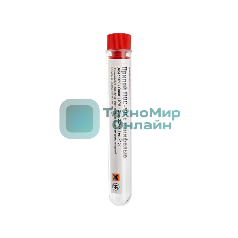 Припой с канифолью ПОС-90 Rexant, 10 г, Ø1.0 мм, (олово 90%, свинец 10%), колба