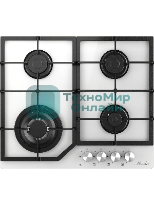 Варочная панель MONSHER MGG 63 Blanc, газ, High-Tech, 59 см, автоматический электроподжиг, газ-контроль, форсунки под сжиженый газ, SABAF конфорки, чугунные решетки, белый