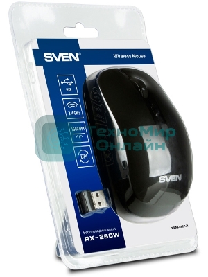 Мышь беспроводная SVEN RX-260W черный, 1600 dpi, радиоканал, USB, кнопки - 4