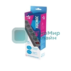 Удлинитель с сетевым фильтром Космос 5х1.8 м с заземл. 10А IP20 2.2 кВт 3х0.75 индикатор сети серый