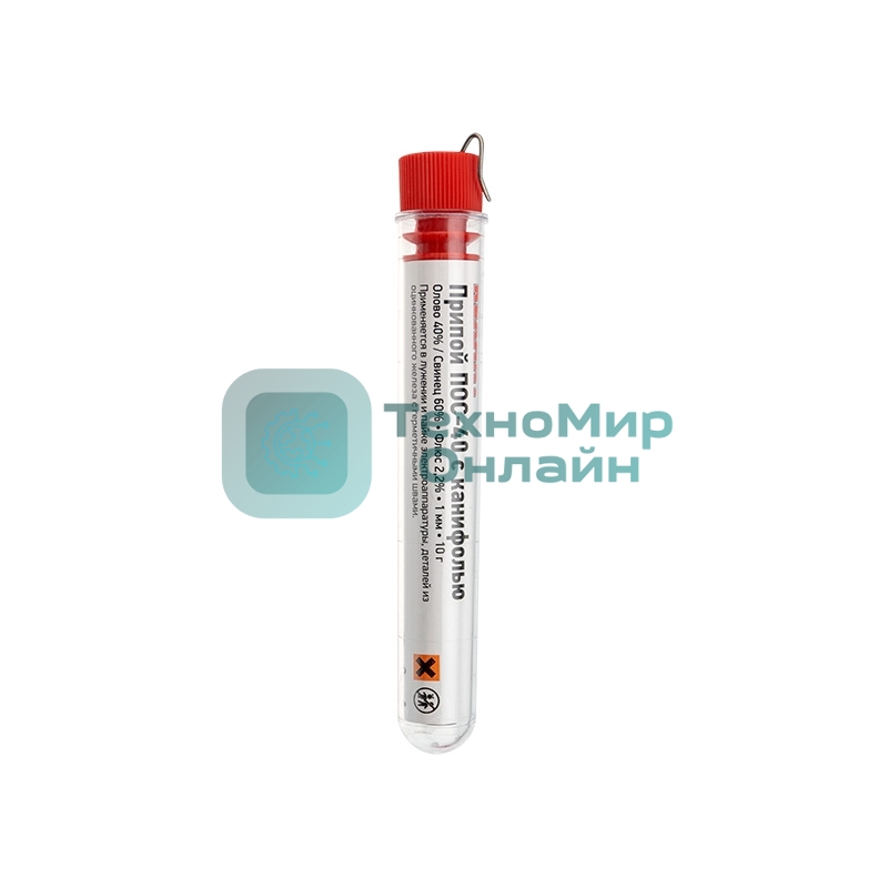 Припой с канифолью ПОС-40 Rexant, 10 г, Ø1.0 мм, (олово 40%, свинец 60%), колба