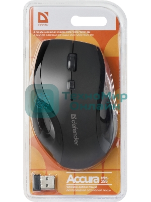 Мышь беспроводная Defender Accura MM-295 черный, 1600 dpi, радиоканал, USB, кнопки - 6