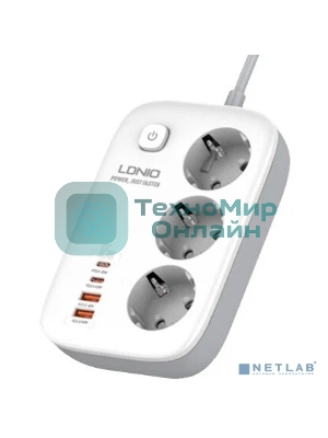 Сетевой удлинитель LDNIO SE3436/ 2м/ 3 розетки/ 3250W/ 4 USB: QC 4.0+PD 3.0+PPS/ GAN 65W/ белый