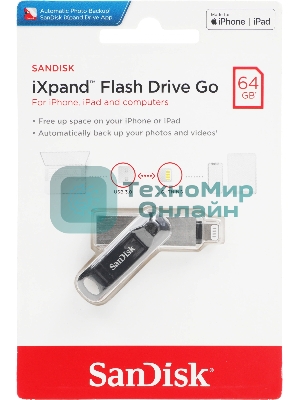 Флешка USB SanDisk IX60N iXpand Go (SDIX60N-064G-GN6NN), 64Gb, USB 3.0/Lightning, R/W 150/70, черный/серебристый