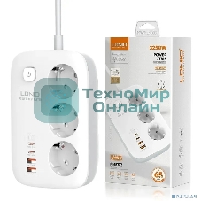 Сетевой удлинитель LDNIO SE3436/ 2м/ 3 розетки/ 3250W/ 4 USB: QC 4.0+PD 3.0+PPS/ GAN 65W/ белый