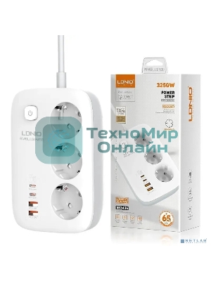 Сетевой удлинитель LDNIO SE3436/ 2м/ 3 розетки/ 3250W/ 4 USB: QC 4.0+PD 3.0+PPS/ GAN 65W/ белый