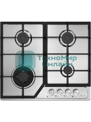 Варочная поверхность MONSHER MSG 63 Acier, газ, High-Tech, 58 см, автоматический электроподжиг, газ-контроль, форсунки под сжиженый газ, SABAF конфорки, чугунные решетки, нержавеющая сталь