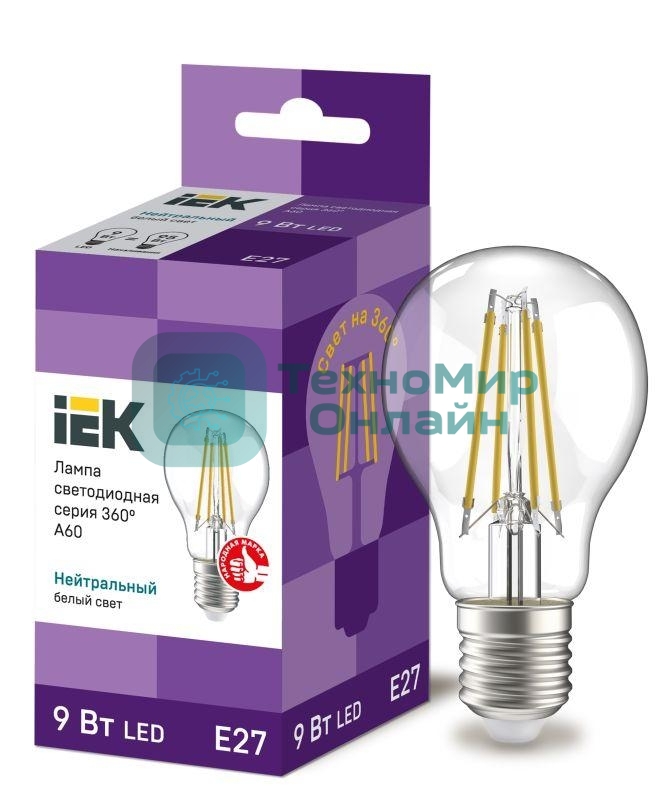 Лампа cветодиодная LED A60 шар прозр. IEK LLF-A60-9-230-40-E27-CL 9Вт 230В 4000К E27 серия 360°