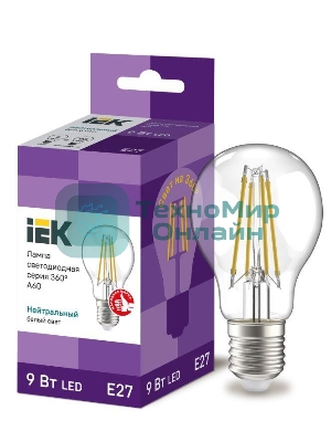 Лампа cветодиодная LED A60 шар прозр. IEK LLF-A60-9-230-40-E27-CL 9Вт 230В 4000К E27 серия 360°