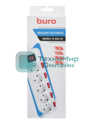 Сетевой фильтр Buro 500SH-3-SW-W 3 м, 5 розеток, белый, коробка