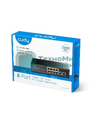 Коммутатор Cudy 8 RJ-45 10/100/1000M PSE ports +2 RJ45 10/100/1000 Uplink Port Unmanaged PoE+ Switch 120W, CCTV/VLAN mode support, long distance:250M at CCTV mode. 802.3af/at standard, Aternative 1/2(+),3/6(-), Rack-mountable Steel Case, Watchdog, 120W internal