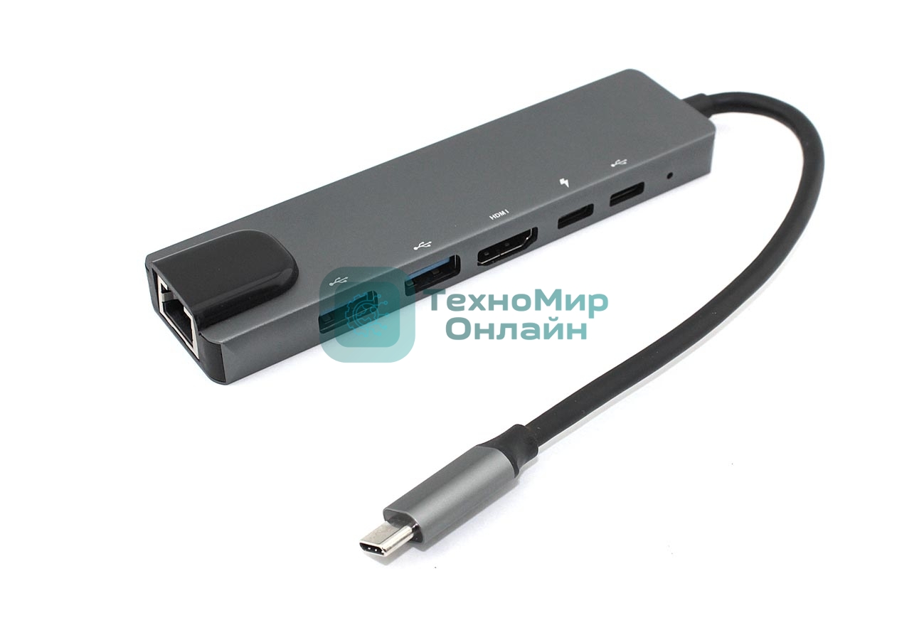 Адаптер Type-C на HDMI, USB 3.0*2 + RJ45 + Type-C*2, серый