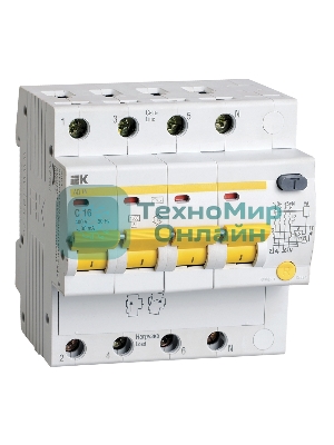 Выключатель автоматический дифференциального тока 4п C 16А 30мА тип AC 4.5кА АД-14 IEK MAD10-4-016-C-030