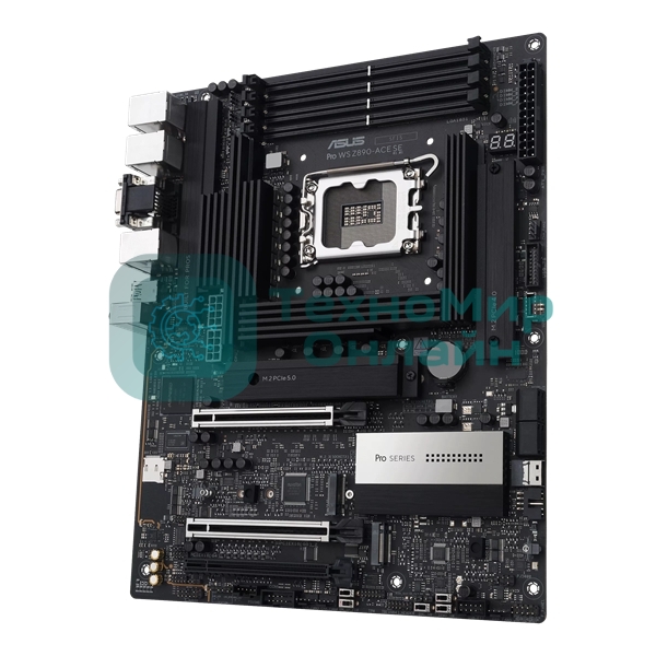 Материнская плата ASUS PRO WS Z890-ACE SE, LGA1851, Intel Z890, 4xDDR5, 4xM.2, 8xSATA, 2xPCIe 5.0 x16, 1xPCIe 4.0 x4, 1xHDMI, 1xThunderbolt 4 (USB-C), 1xVGA, 1x10Gb LAN, 1x2.5Gb LAN, 6xUSB-A 10Gbps, 1xUSB-C 20Gbps, 2x3.5 мм аудио, 7.1, ATX