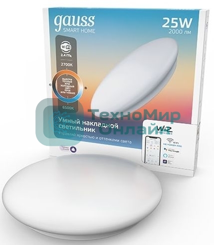 Светильник GaussSmartHome наст-потол 25W2000lm2700-6500К198-264V IP20 400x70мм изм.цвет.тем.+дим LED1/5