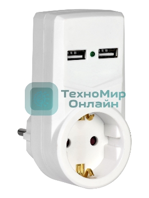 белый адаптер Т-01/01 1 место 2P+PE 16А 2хUSB 2,1A IEK