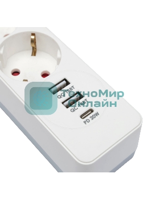 Сетевой фильтр Гарнизон EPS-OP-4-CU2-W-2 2.0 Мультипорт 4 р, 10А, 1xType-C PD, 2 х USB QC, 4 м, ур.защиты 4+, белый, пак (21449)