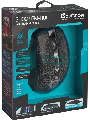 Мышь проводная Defender Shock GM-110L черный, 3200 dpi, USB, кнопки - 6