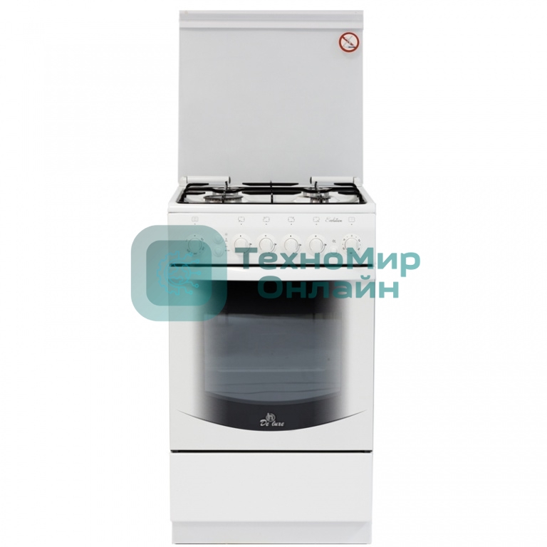 Плита газовая De Luxe 5040.41Г (КР) ЧР белый, конфорок 4 газовых, духовка 43 л, 50 см x 85 см x 50 см