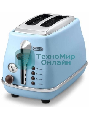 Тостер DeLonghi CTOV 2103.AZ, 900 Вт, на 2 тоста, разморозка, обжаривание, решетка для подогрева, поддон, голубой