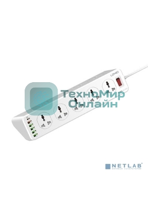 Сетевой удлинитель LDNIO SC10610/ 2м/ 10 розеток EU_UK_US/ 2500W/ 6 USB: QC 3.0+PD 3.0 30W/ White