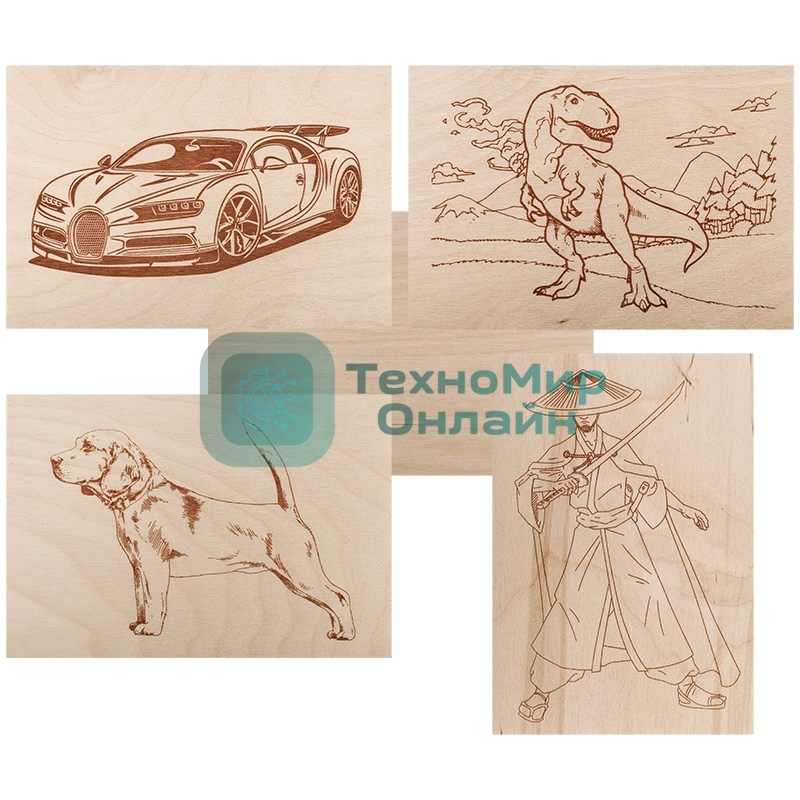 Доски для выжигания Rexant, Набор №1 (воин/динозавр/собака/машина/без рисунка), 148х210 мм (А5), 5 шт., пакет