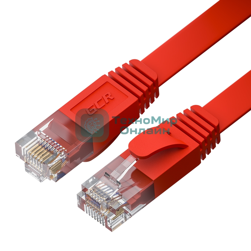 Патч-корд GCR PROF плоский прямой 10.0m, UTP медь cat.6, красный, 30 AWG, ethernet high speed 10 Гбит/с, RJ45, T568B, GCR-52851