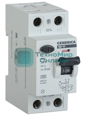 Выключатель дифференциального тока (УЗО) IEK MDV15-2-016-030 ВД1-63 2Р 16А 30мА GENERICA