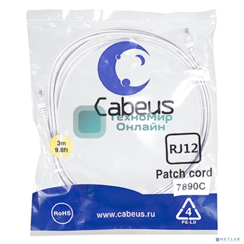 Шнур комм. Cabeus, кат. , неэкр., U/UTP, RJ12(6p4C), PVC, AWG28, 3м, белый