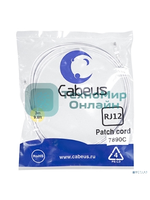 Шнур комм. Cabeus, кат. , неэкр., U/UTP, RJ12(6p4C), PVC, AWG28, 3м, белый