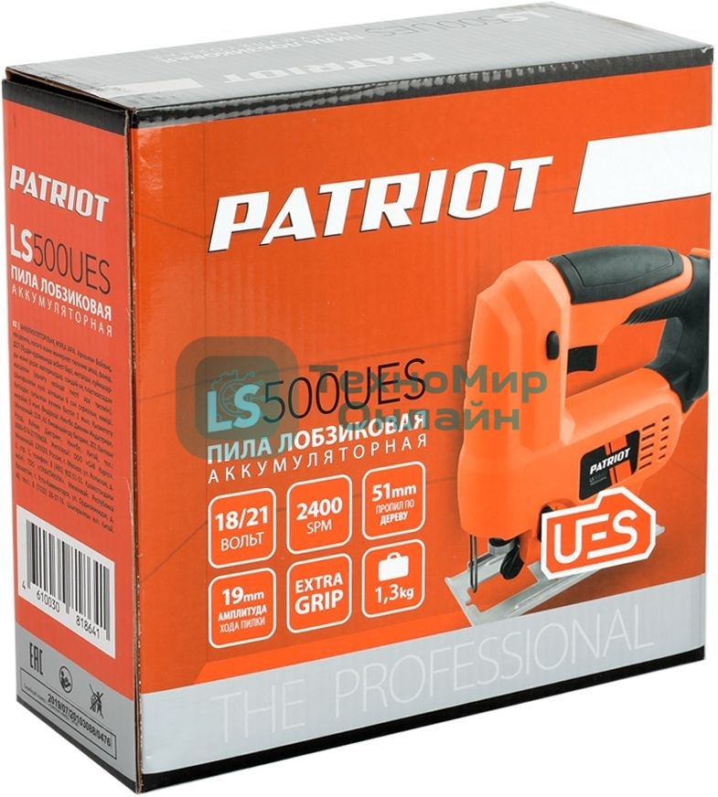 Лобзик электрический Аккумуляторный PATRIOT LS 500UES. 0-2400об/мин. Дерево/железо: 51мм/2мм, Маятниковый ход: 4позиции.