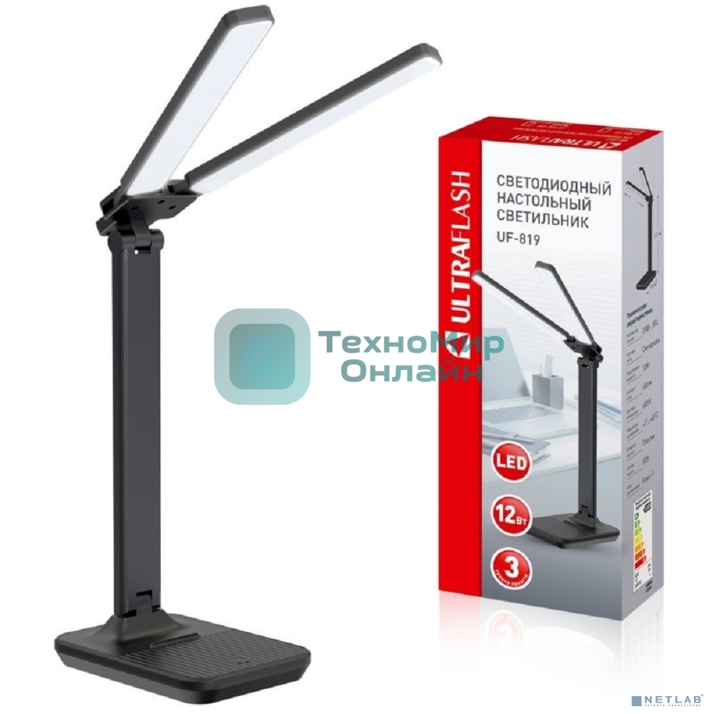Настольный светильник Ultraflash UF-819 C02 черный (Led, светильник настольный, 12Вт, 6000К, 3ур.яркости, 2 плафона, кожа)