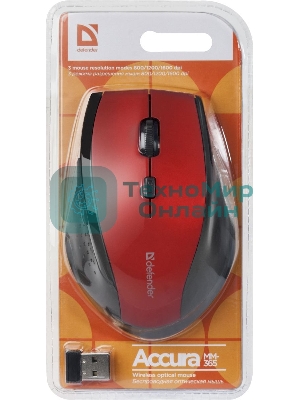 Мышь беспроводная Defender Accura MM-365 красный, 1600 dpi, радиоканал, USB, кнопки - 6