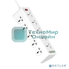 Сетевой удлинитель LDNIO SC10610/ 2м/ 10 розеток EU_UK_US/ 2500W/ 6 USB: QC 3.0+PD 3.0 30W/ White