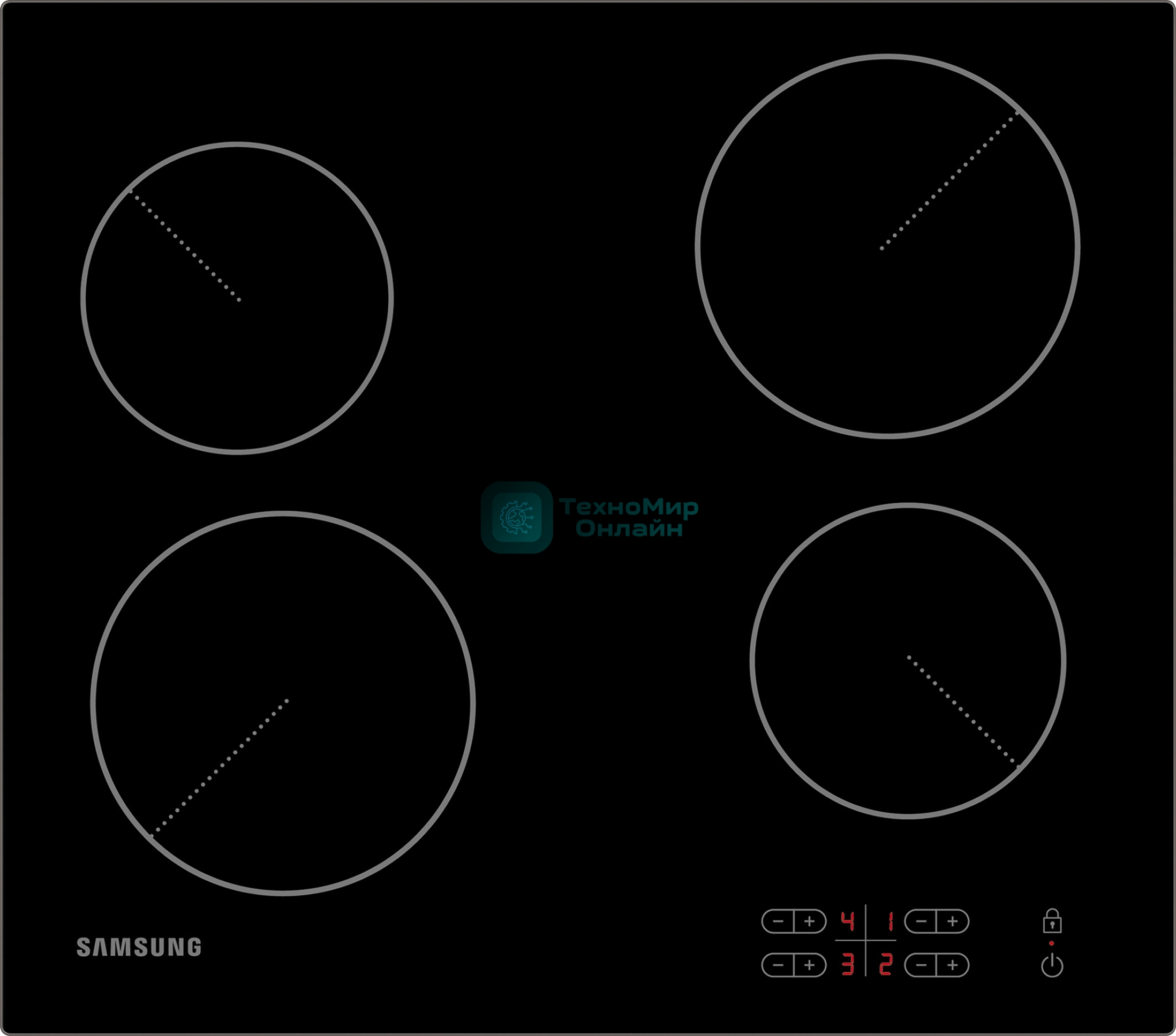 Встраиваемая электрическая панель Samsung NZ64T3506AK/WT 575x505x55 мм, стеклокерамика, 4 конфорки, скошенная рамка,сенсорное управление, светодиодный LED-дисплей, защита от детей, черный