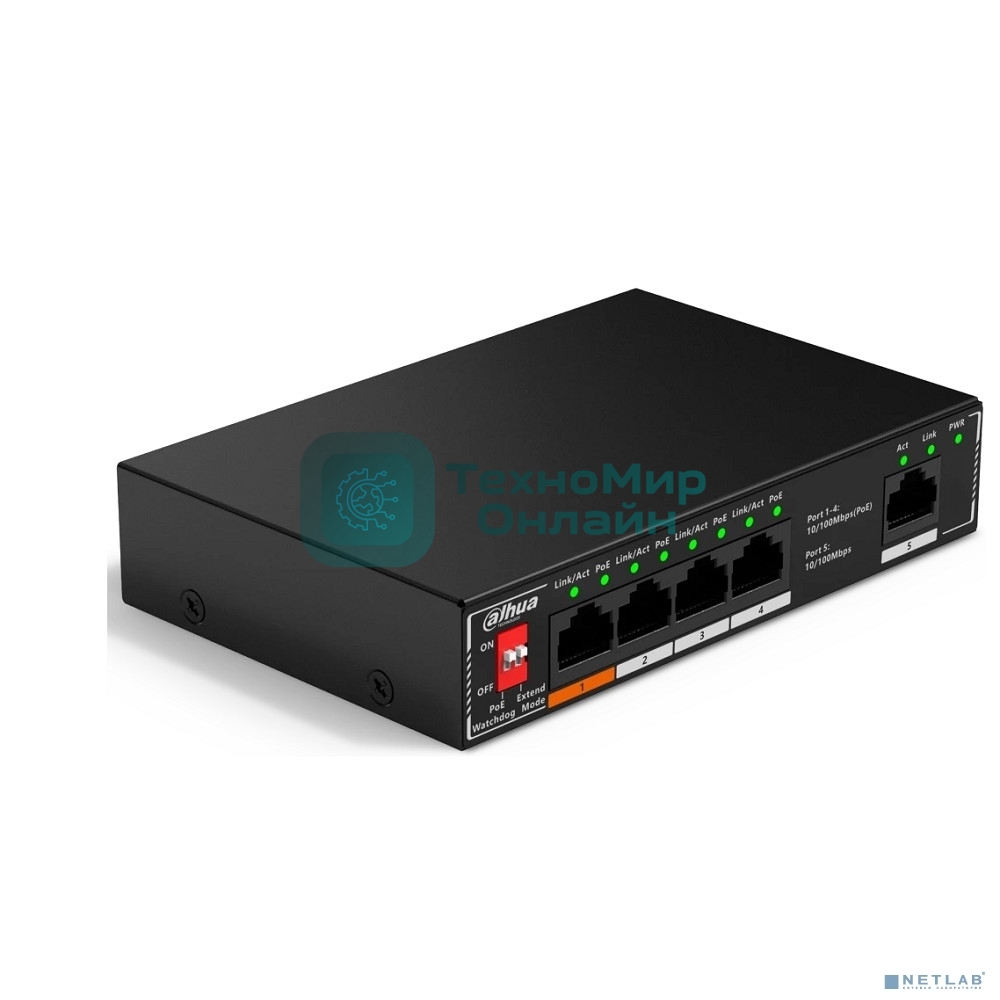 Коммутатор неуправляемый 5-портовый с РоЕ DAHUA DH-SF1005P, 4xRJ45 100Mb PoE, 1xRJ45 100Mb uplink, суммарно 60Вт, коммутация 1.8 Гбит/с, MAC-таблица 2K, металл