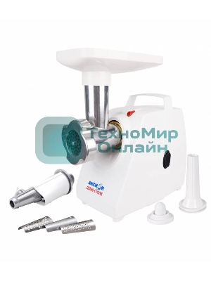 Мясорубка электрическая Аксион М34.04 белый, 1500 Вт, 1.7 кг/мин, защита от перегрузки, насадки - 6
