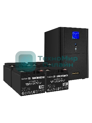 Комплект источника бесперебойного питания Exegate EX295991RUS + батарея 40Aч EX282976RUS 4шт (инвертор, синус, для котла) ExeGate SineTower SZ-5000.LCD.AVR.2SH.1C13.T.RJ.USB <5000VA/4000W, чистый синусоида, LCD дисплей, AVR, 2хSchuko+1хC13++клеммы, RJ45/11, USB, линейно-интерактивный, черный> + батарея ExeGate DT 1240 (12В, 40А·ч) 4шт