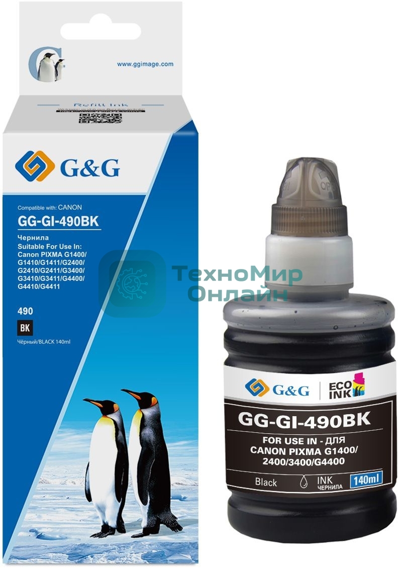 Чернила G&G GG-GI-490BK GI-490 черный пигментный 140мл для Canon Pixma G1400/G2400/G3400/G4400