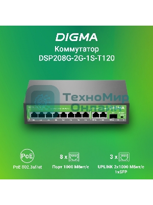 Коммутатор Digma DSP208G-2G-1S-T120 (L2) 10x1 Гбит/с 1SFP 8PoE 8PoE+ 120W неуправляемый